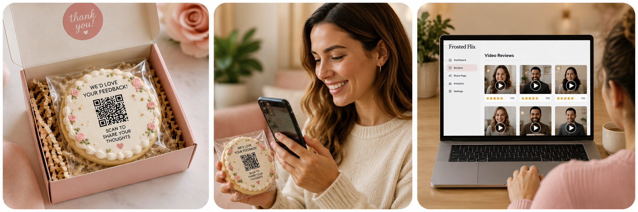 Baker places QR cookie in order, customer scans and records, business watches video reviews